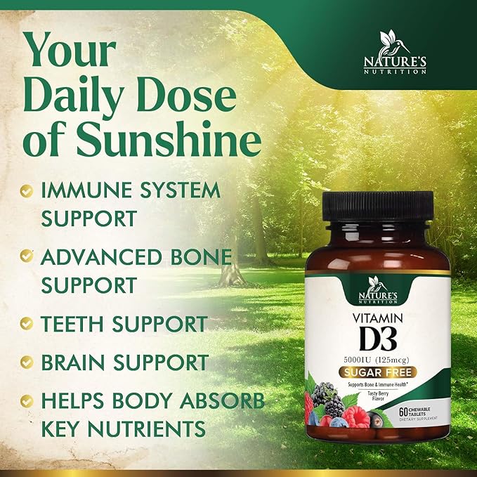 Vitamin D3 5000 IU (125 mcg) - Chewable Vitamin D Supplements for Bone, Teeth, Muscle & Immune Support, Sugar Free, Non-GMO, Gluten Free, Nature's Extra Strength D3 Vitamin - 60 Chewable Tablets