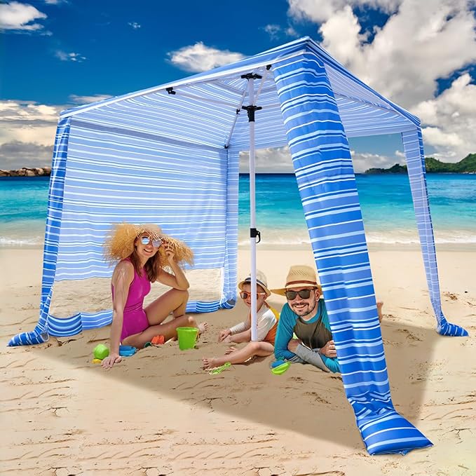Beach Cabana - Cool 6.2’x6.2’ UPF 50+ Sun Shade, Easy Setup & Portable, Waterproof Canopy with Sand Pockets, Side Wall & Beach Umbrella Tent Design - Perfect for Family Trips, Picnics & Camping