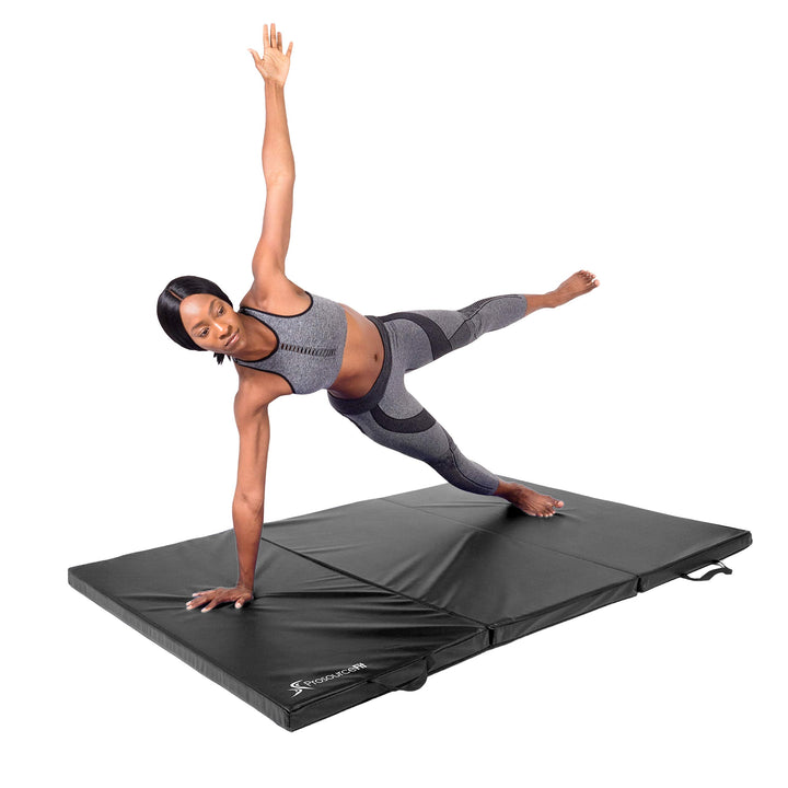 ProSource Tri-Fold Folding Thick Exercise Mat 6’x4’ with Carrying Handles for Tumbling, Martial Arts, Gymnastics, Stretching, Core Workouts, Black