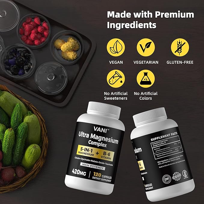 VANI 4 Month Supply-Magnesium Complex 5-in-1+ B6 Vitamin Supplement (420 mg) - High Absorption, 120 Capsules