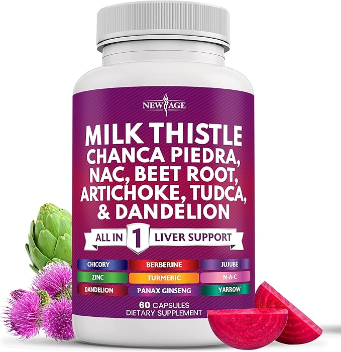 NEW AGE Milk Thistle NAC Chanca Piedra Beet Root Artichoke Dandelion Root Astragalus - Plus TUDCA & Ginger - 60 Count