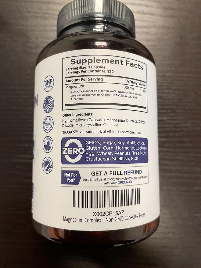 Magnesium Complex Supplement, 4 Month Supply of 500mg 5-in-1 Bisglycinate, Oxide, Taurate, Aspartate, Citrate, Max Absorption Magnesium Supplement for Calm, Sleep & Leg Cramps, 120 Capsule
