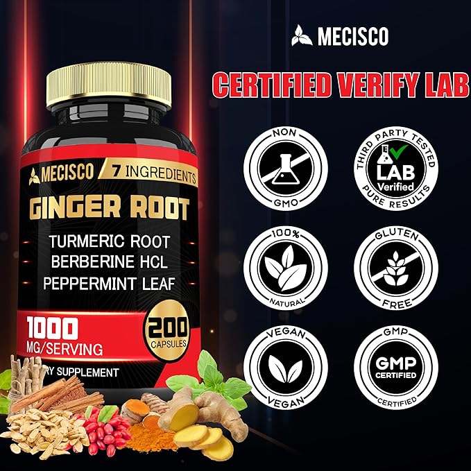 7-in-1 Ginger Root Supplement with Turmeric Curcumin, Berberine, Peppermint Leaf, Astragalus Root, Ceylon Cinnamon, Beet Root - 200 Capsules