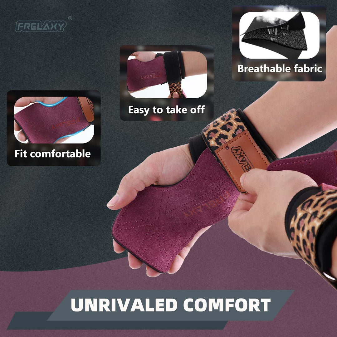 Frelaxy lifting Grips Women and Men, Weight lifting Wrist Straps with Cushion Wrist Loop, Double Layer Leather, and Storage Pouch, Gym Gloves for Deadlift and Powerlifting (Purple/Leopard)