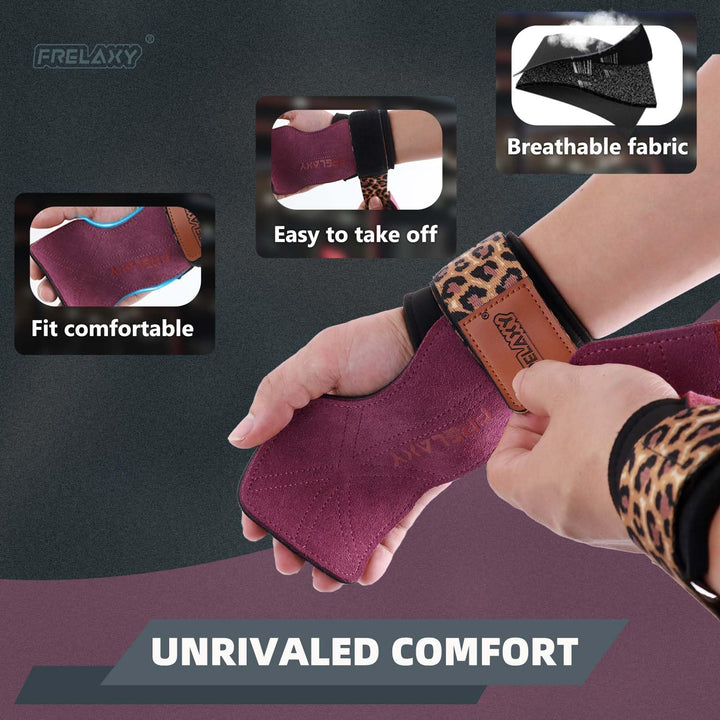 Frelaxy lifting Grips Women and Men, Weight lifting Wrist Straps with Cushion Wrist Loop, Double Layer Leather, and Storage Pouch, Gym Gloves for Deadlift and Powerlifting (Purple/Leopard)
