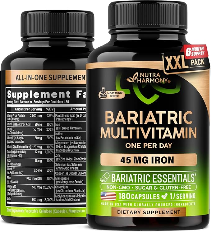 Bariatric Multivitamin - 45 mg Iron Supplements - Made in USA - for Women & Men - All-in-One, 21 Essential Vitamins - Gastric Sleeve Support - Free of Sugar, Gluten & Soy - 180 Capsules, Once Daily