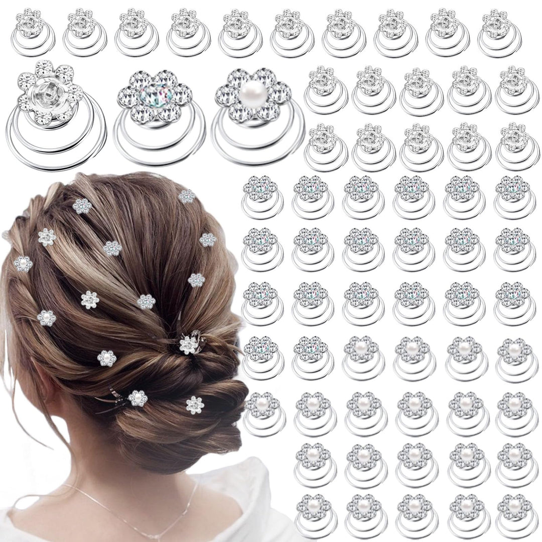 60 PCS 3 Shapes Gems Rhinestone Twister Hair Studs Set Diamond Spiral Pearl Flower Jewels Hair Pins Sticks for Wedding, Bridal, Prom, Party and Special Occasion(Flower Series)