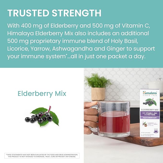 Himalaya Elderberry Mix, Drink Mix Supplement, Immune Support with Elderberry, Zinc, Vitamin C and Holy Basil, Caffeine Free, 10-0.15 oz (4.3 g) Packets, Easy to Mix, Gluten Free