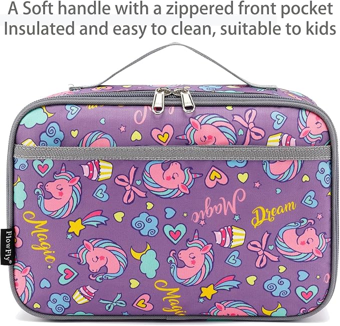 FlowFly Kids Lunch box Insulated Soft Bag Mini Cooler Back to School Thermal Meal Tote Kit for Girls, Boys, Purple Unicorn