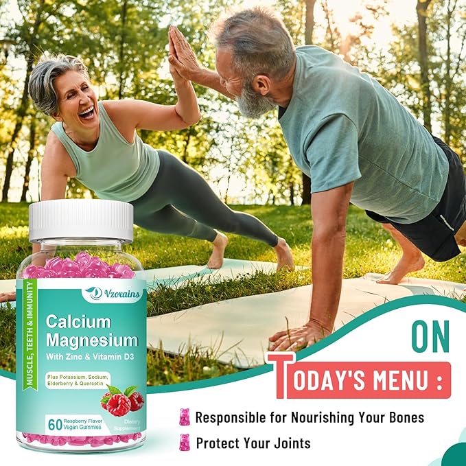 High Absorption Calcium Gummies, Calcium Magnesium Zinc with Magnesium Glycinate, Potassium, Vitamin D3 for Women & Men - Raspberry Flavored 120 Cts