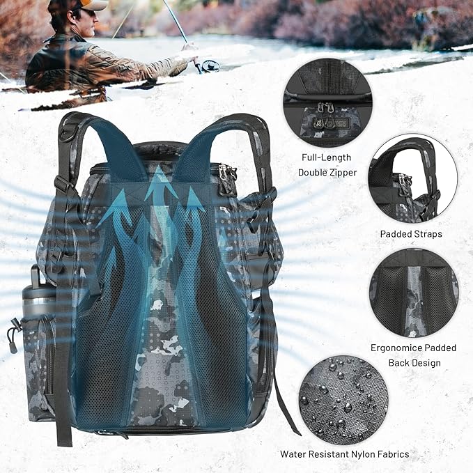 48L Large Fishing Tackle Backpack With Rod Holders, 4 Tackle Box, Protective Rain Cover - Water Resistant Storage Bag for Camping, Hiking, Hunting
