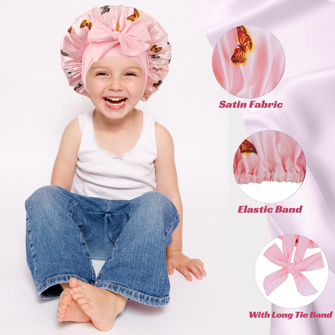 choshion 2 PCS Kids Bonnets for Girls, Silk Bonnet for Kids, Satin Silk Hair Bonnet for Sleeping with Tie Band, Baby Toddler Teens Child Sleep Cap for Curly Hair Braids