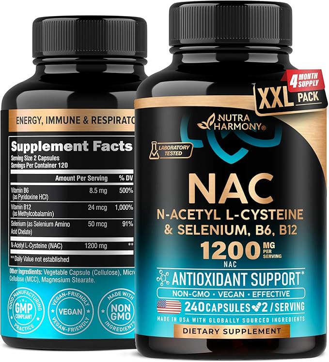 NAC Supplement | Selenium | B6 | B12 - Antioxidant, Immune Support - N Acetyl Cysteine 600 mg per Capsule, 1200 mg per Serving - Made in USA - Non-GMO, Gluten-Free, Vegan - 240 Caps, 4 Month Supply