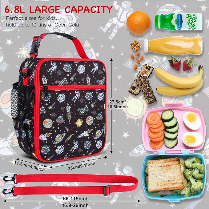 Kids Insulated Lunch Box Bag, Thermal Picnic Cool Bags with Adjustable Strap for Adults Children Women Men Boys Girls School Work (Planet01)
