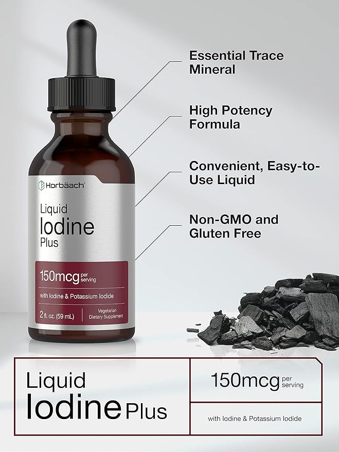 Horbäach Liquid Iodine Drops | 2 fl oz | 150 mcg | Iodine & Potassium Iodide Liquid Tincture | Vegetarian, Non-GMO, Gluten Free Supplement