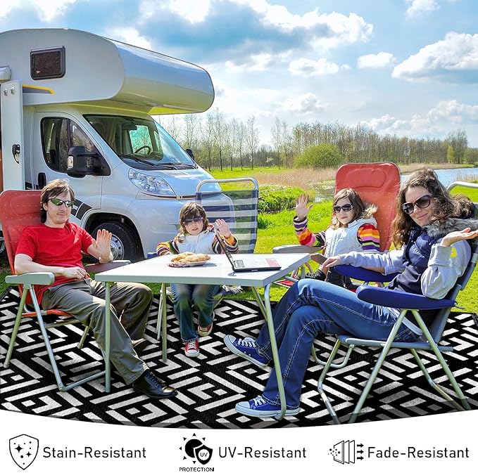 8x10Ft Outdoor Rug, Solar Powered Outdoor Camping Rug with 111LEDs Strip Lights, Waterproof Plastic Reversible Outdoor Straw Rug, Rug Mat for RV Camping Patio House Deck Beach Balcony Picnic