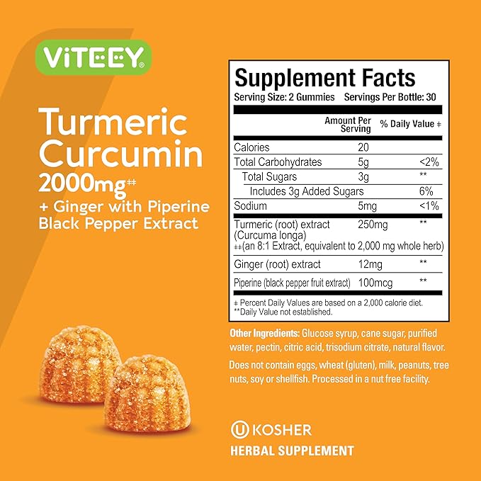Turmeric Gummies with Turmeric Curcumin 2000mg, Ginger & Black Pepper Extract - Immune Support, Healthy Skin, and Joint Health - Vegan, Gelatin Free, GMO Free - Tasty Chewable Peach Flavored Gummy
