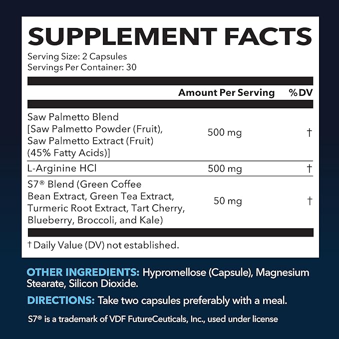 Saw Palmetto 500mg and L-Arginine 500 mg - Prostate Health and Nitric Oxide Supplements for Men - 60 Count - Urinary Function Support and Endurance for Active Males - Vegan, Non-GMO, 1 Month Supply