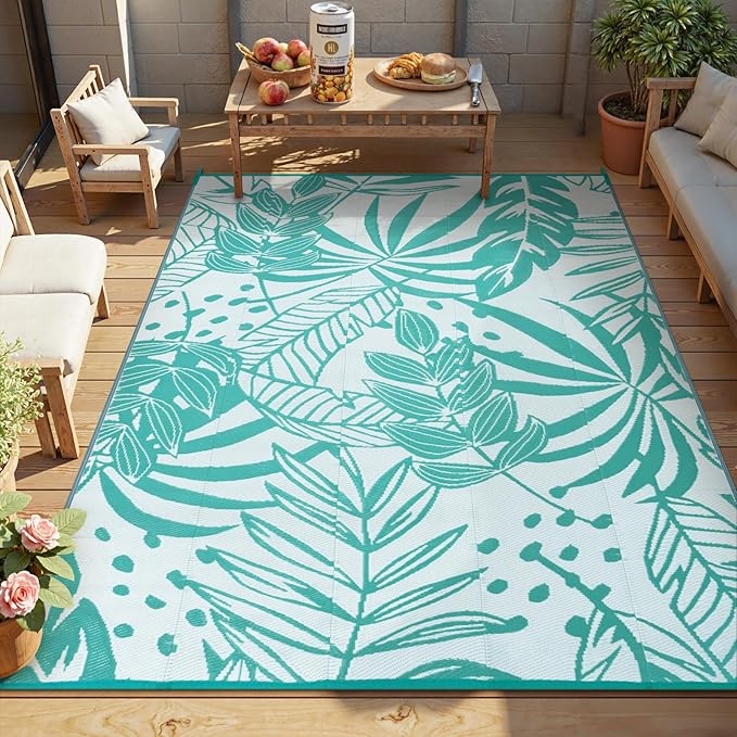 Anidaroel Leaf Outdoor Rugs 6x9ft for Patios Clearance Waterproof, Reversible Tropical Plastic Straw Camping Mat Outside Rug, Large Outdoor Area Rug for RV, Deck, Balcony, Picnic(Blue,6'x9')
