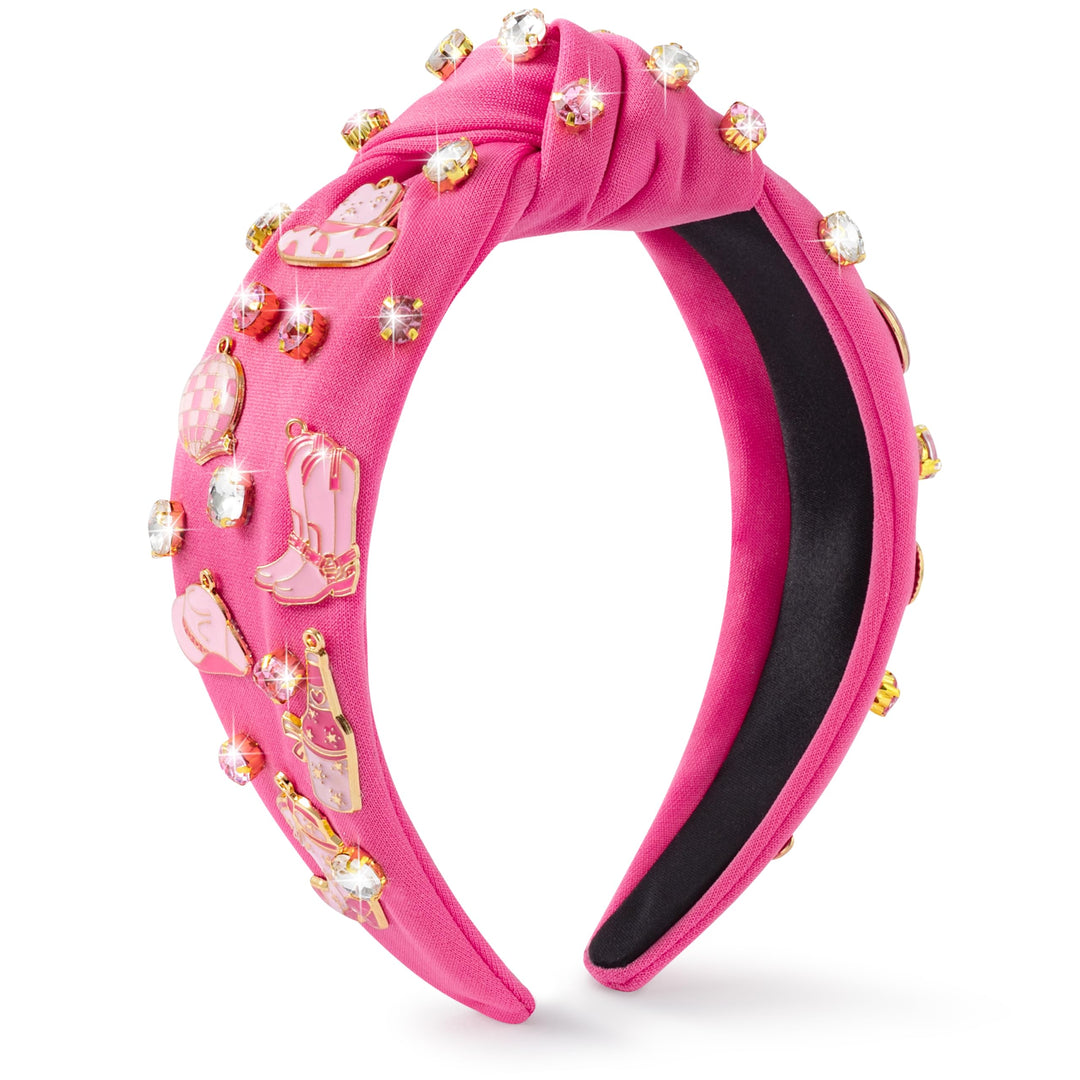 PANTIDE Western Jeweled Knotted Headband - Cowgirl Boots Hat Rhinestone Crystal Embellished Headband Wide Top Knot Fashion Hairband Hair Accessories Birthday Gift for Cowboy Women Girls (Hot Pink)