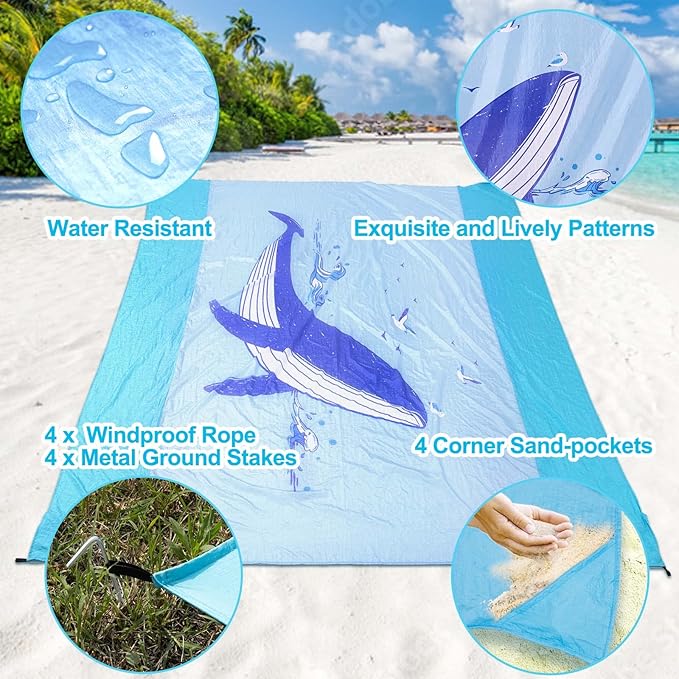 Large Beach Blanket Oversized Beach Mat Intimate Choice of Beach Accessories for Outdoor Travel Camping Hiking Good Gift (XL-BlueWhale)