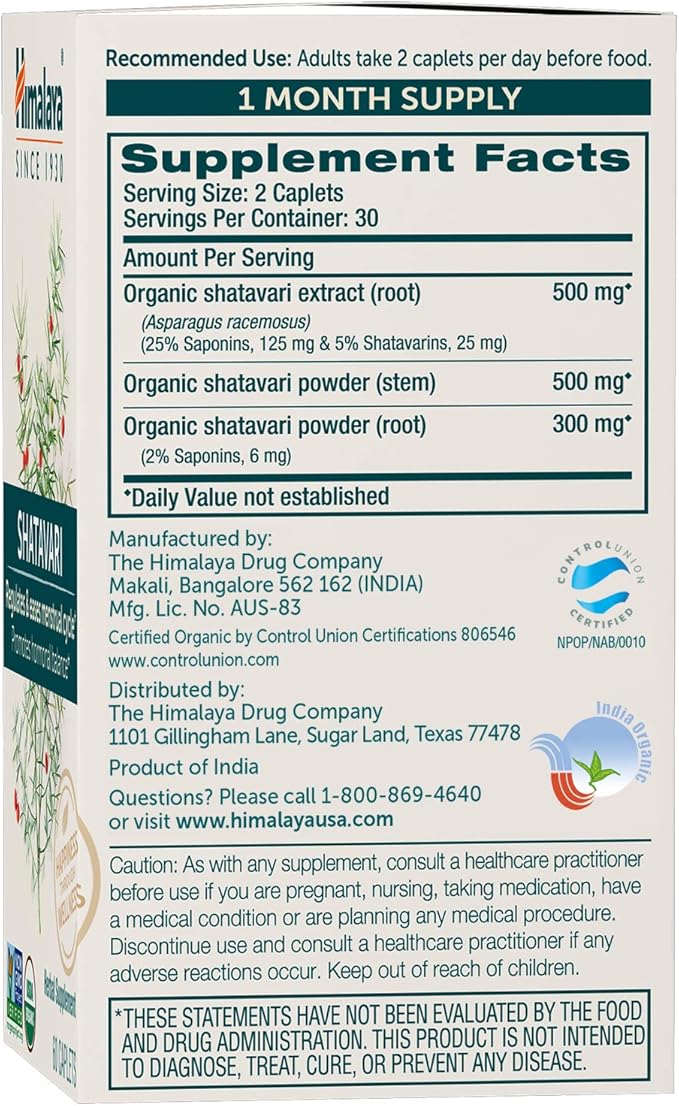 Himalaya Organic Shatavari for PMS, Menstrual Cramp Relief, Menopause Support, and Women's Health, 1,300 mg, 60 Caplets, 1 Month Supply