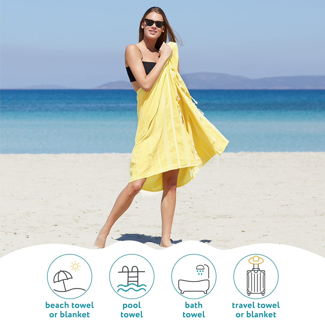 WETCAT Turkish Beach Towel Oversized 38x71 100% Cotton Sand Free Quick Dry Extra Large Light Travel Towel for Adults Beach Accessories Gifts (Yellow, Beach Towel (38" x 71"))