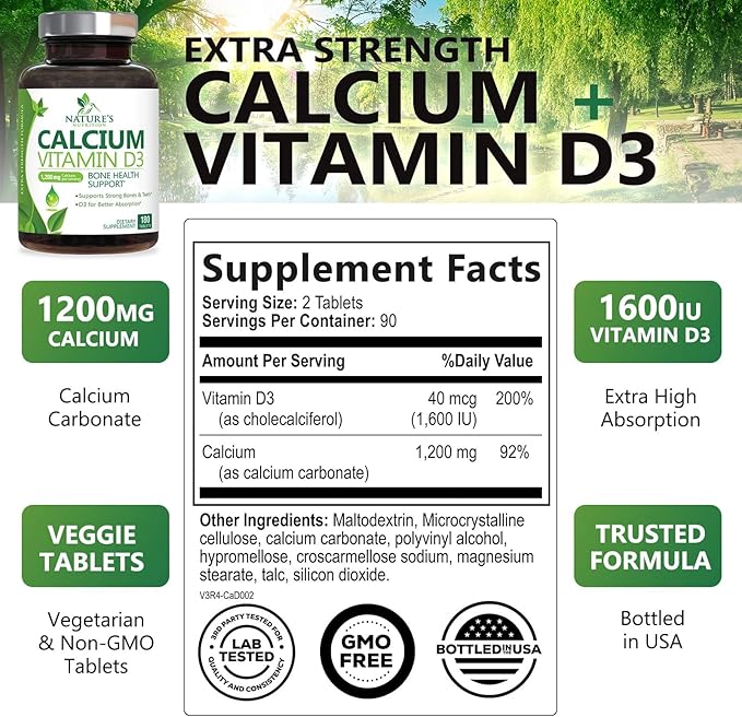 Calcium Supplement with Vitamin D - 1200 mg Calcium Carbonate with 1600 IU of D3 Vitamins - Supports Bone Strength, Teeth & Immune System - Natural & Easily Absorbable for Women & Men - 180 Tablets