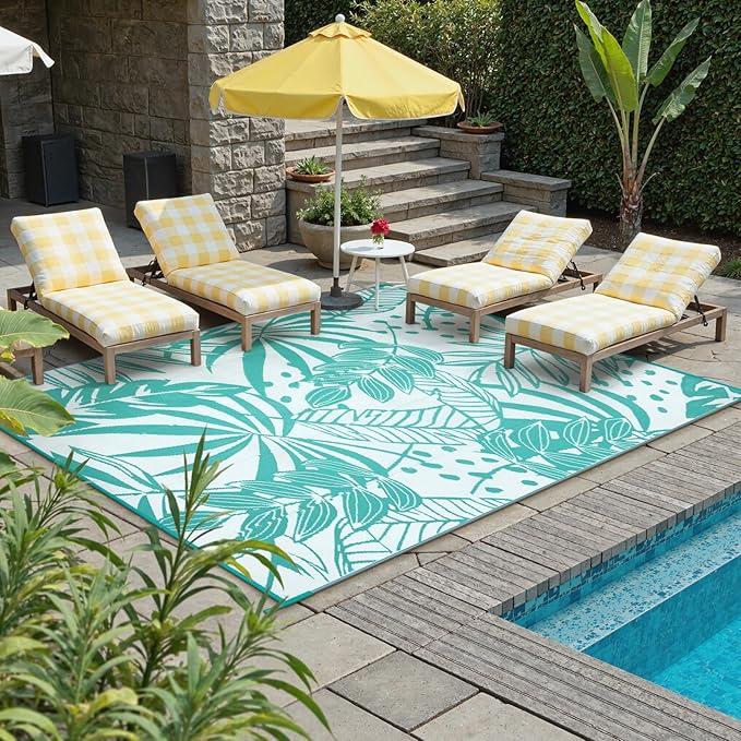 Anidaroel Leaf Outdoor Rugs 6x9ft for Patios Clearance Waterproof, Reversible Tropical Plastic Straw Camping Mat Outside Rug, Large Outdoor Area Rug for RV, Deck, Balcony, Picnic(Blue,6'x9')