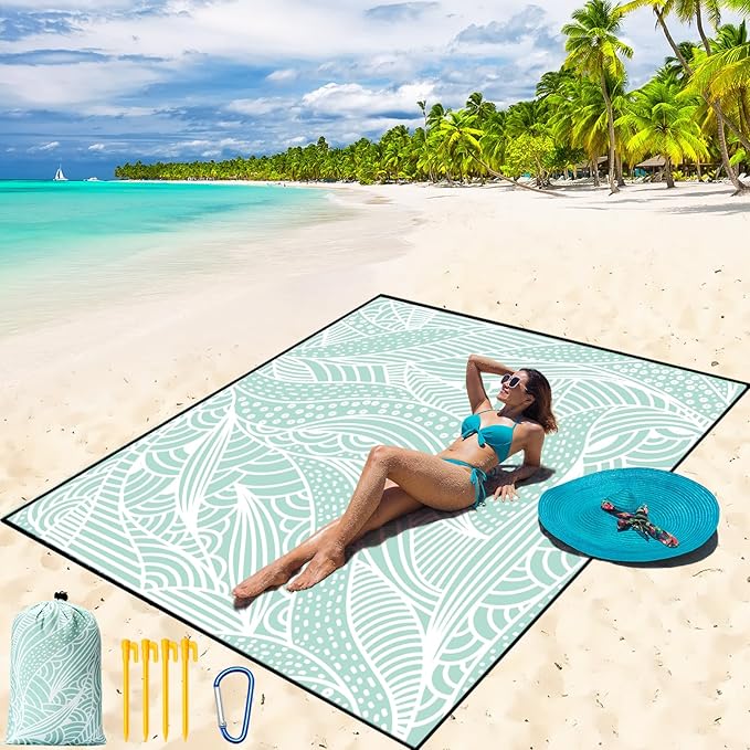 Beach Blanket Waterproof Sandproof Beach Mat 79" X 83" /10'x9'for 2-8 Adults Quick Drying Outdoor Picnic Mat Beach Accessories for Travel, Camping, Hiking