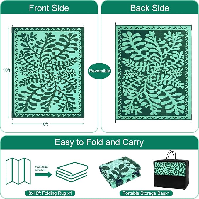Anidaroel 8x10 Outdoor Rug for Patios Clearance, Waterproof Camping Rug for Outside RV, Reversible Plastic Straw Outside Rugs, Large Outdoor Area Rug for Garden, Camper(Green,8’x10’)