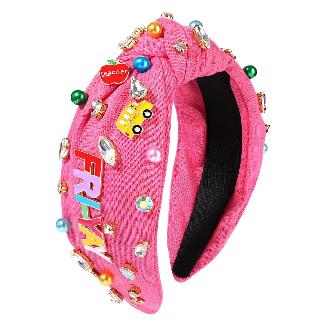 JERTOCLE Teacher Headband Accessories Beaded Crystal FRIYAY Knotted Headband Jeweled Wide Back to School Headband Hair Accessories Gifts for Teacher Appreciation (FRI-YAY)