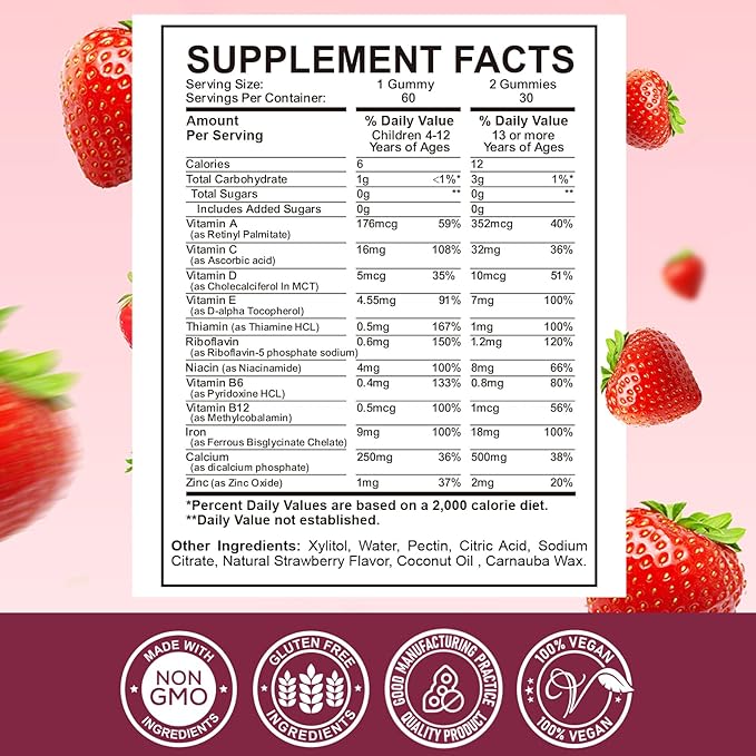 Iron Supplement Gummies for Kids - with Calcium, Zinc, Kids Multivitamin with Iron Gummies - Immune Support, Blood Builder & Energy Support for Iron Deficiency, Anemia, Vegan - 60 Gummies