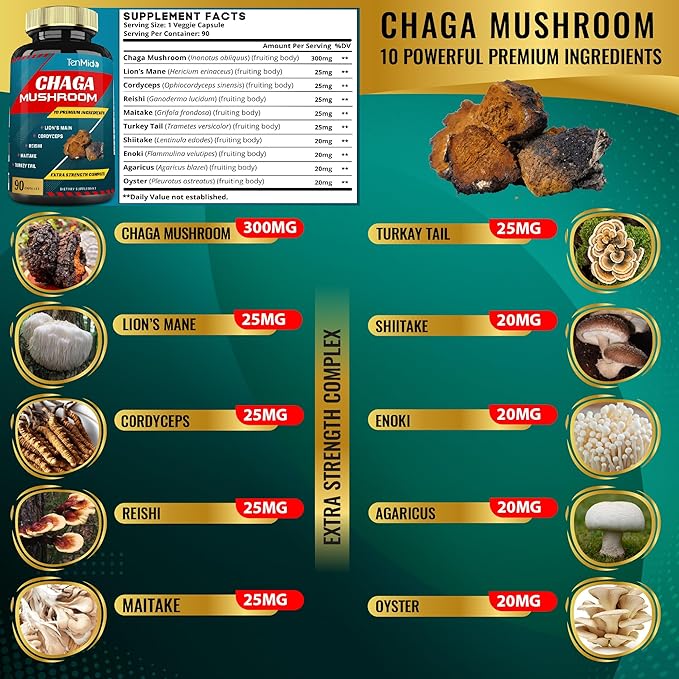 Chaga Mushroom Extract Capsules & Lions Mane, Cordyceps and More | Digestive Health, Anti-Aging, Immune Support | Energy Boost, Rich in Antioxidants & Nutrients, 3 Months Supply