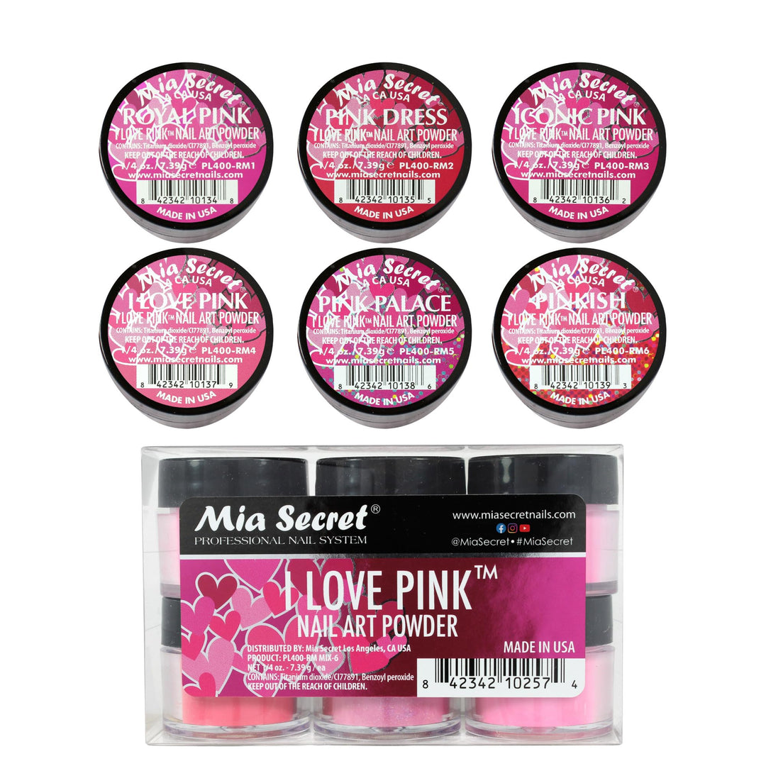 6PC Mia Secret Colored Acrylic Nail Art Powder Collection - I LOVE PINK, 6PC