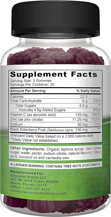 aSquared Nutrition Sambucus Elderberry Gummies with Zinc and Vitamin C - Chewable Gummy Supplement Alternative to Capsules Pills - Black Elderberries w/VIT C for Adults Immune Support - 90 Gummies