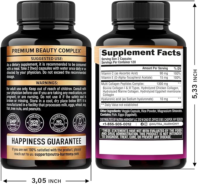 Multi Collagen Peptides - Hydrolyzed Types I, II, III, V & X - Collagen Supplement for Women 1300mg - w/ Hyaluronic Acid, Vitamins C & E - Skin, Hair, Nails & Joint Support - Made in USA, 240 Capsules