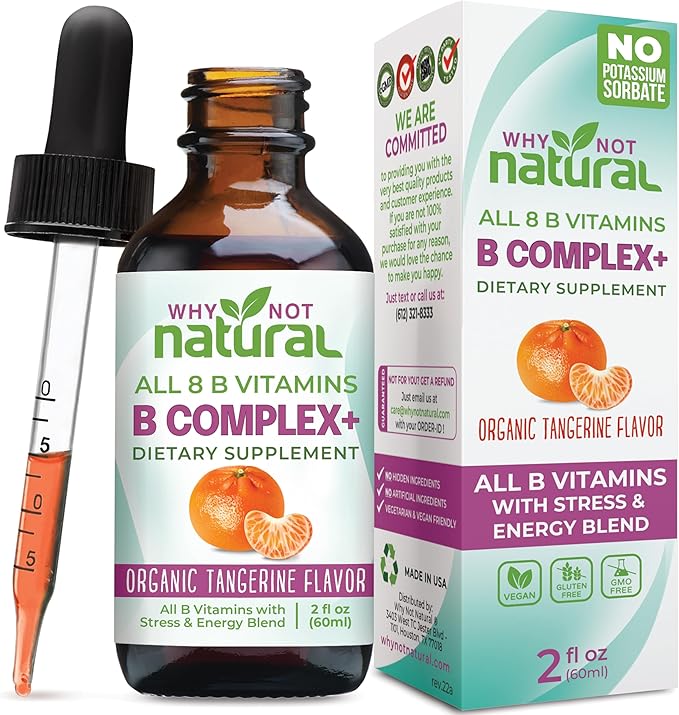 Why Not Natural Vitamin B Complex Liquid Drops - Organic Supplement for Women - Vegan and Sublingual Forms of B1 B2 B3 B5 B6 Biotin Folate and Choline - Plus Blend for Energy Support