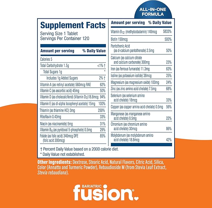 Bariatric Fusion Orange Cream Flavored Complete Chewable Bariatric Multivitamin with Iron for Bariatric Surgery Patients Including Gastric Bypass and Sleeve Gastrectomy - 120 Tablets