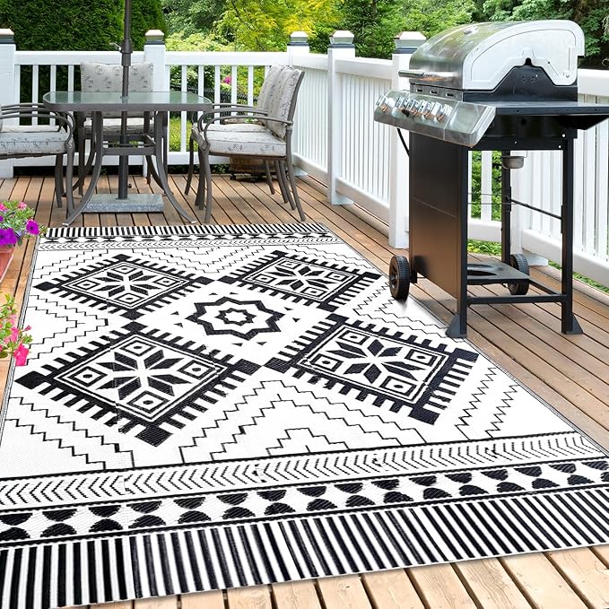 Waterproof Outdoor Rug 5x8ft, Boho Reversible Plastic Straw Mat for Patio RV Deck Porch Backyard Balcony Camping Picnic Beach Indoor Outdoor Carpet, Black&White