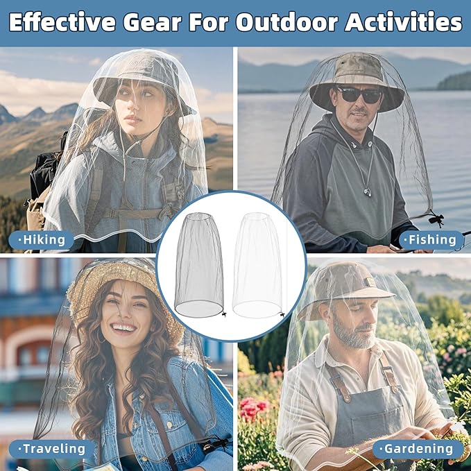 2 Pack Ultra Large Mosquito Net 42x25 Inches Mosquito Head Net Oversized Insect Netting Bug Fits Most Hats for Gardening Hiking Fishing Traveling(Gray+White)