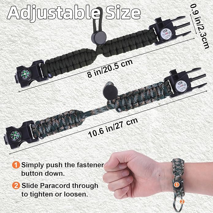 Adjustable Survival Paracord Bracelet, 2 Pack Emergency Fire Starter Kit with Loud Whistle Compass Light Flint Steel for Hiking Fishing Hunting, Tactical Gear Equipment Multitools