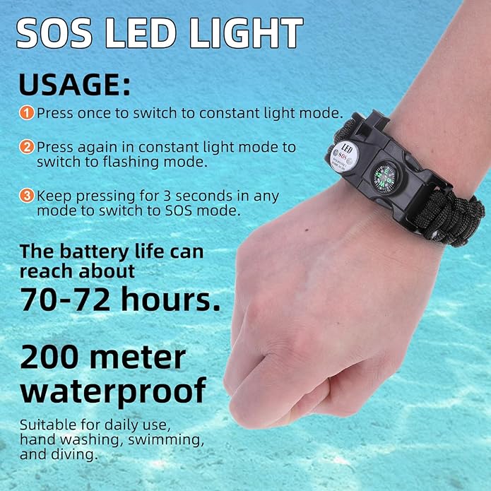 Adjustable Survival Paracord Bracelet, 2 Pack Emergency Fire Starter Kit with Loud Whistle Compass Light Flint Steel for Hiking Fishing Hunting, Tactical Gear Equipment Multitools