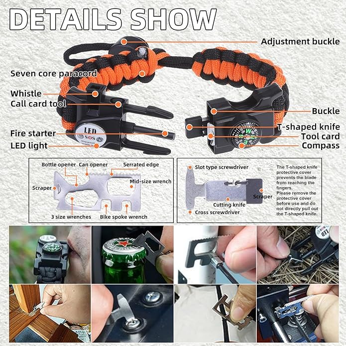 Adjustable Survival Paracord Bracelet, 2 Pack Emergency Fire Starter Kit with Loud Whistle Compass Light Flint Steel for Hiking Fishing Hunting, Tactical Gear Equipment Multitools