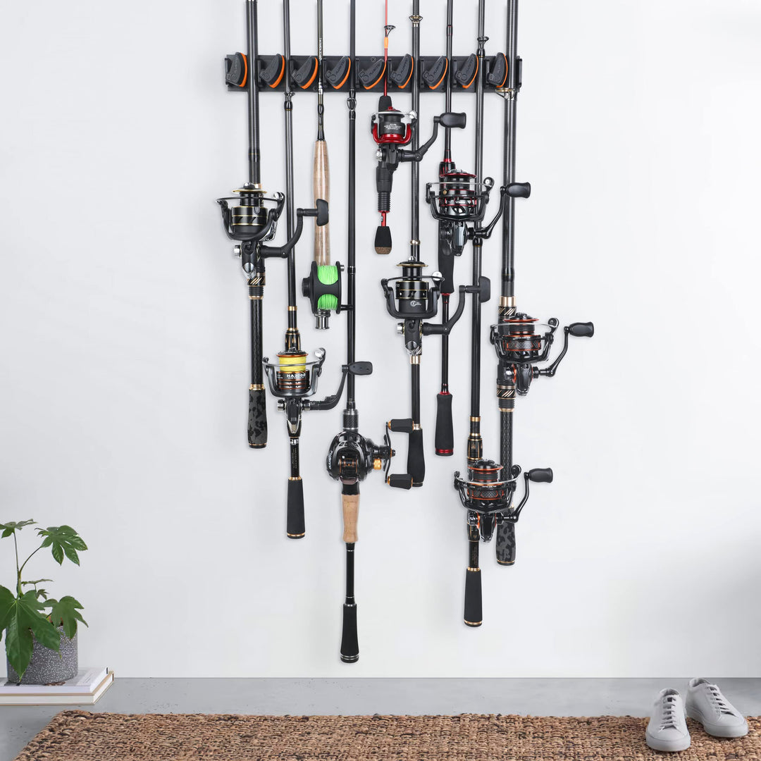 PLUSINNO V9 Vertical Fishing Rod Holders, 4 Packs Wall Mounted Fishing Pole Holders, Fishing Rod Racks Hold Up to 36 Rods or Combos, Fishing Rod Holders for Garage, Fits Most Rods of Diameter 3-19mm