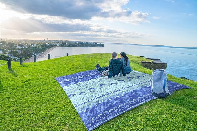 WEKAPO Beach Blanket Waterproof Sandproof Oversized Extra Large Sand Free Beach Mat with Stakes, Storage Bag - Essentials for Outdoor Beach, Picnic (Bohemian Sealife, 8 X 7 FT (1~4 Person))