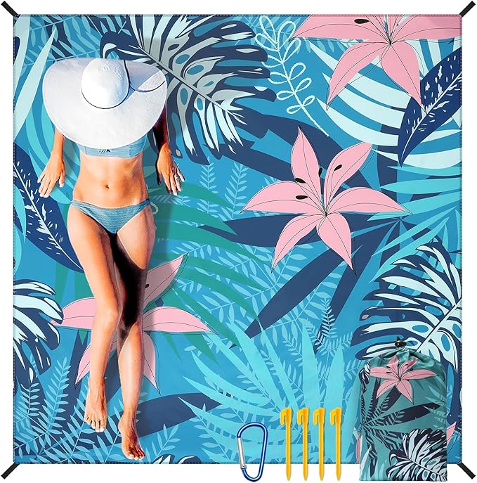 Beach Blanket Waterproof Sandproof Beach Mat 79" X 83" /10'x9'for 2-8 Adults Quick Drying Outdoor Picnic Mat Beach Accessories for Travel, Camping, Hiking