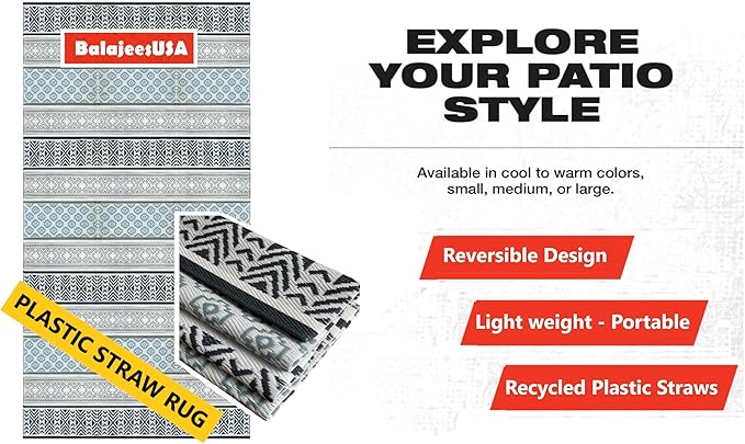 BalajeesUSA Outdoor Plastic Patio Rugs – 9x12, Grey, Teal Durable and Affordable Multipurpose Woven Plastic Straw All-Weather and Waterproof Rug Reversible Camper Mats Large rv mats Outdoor