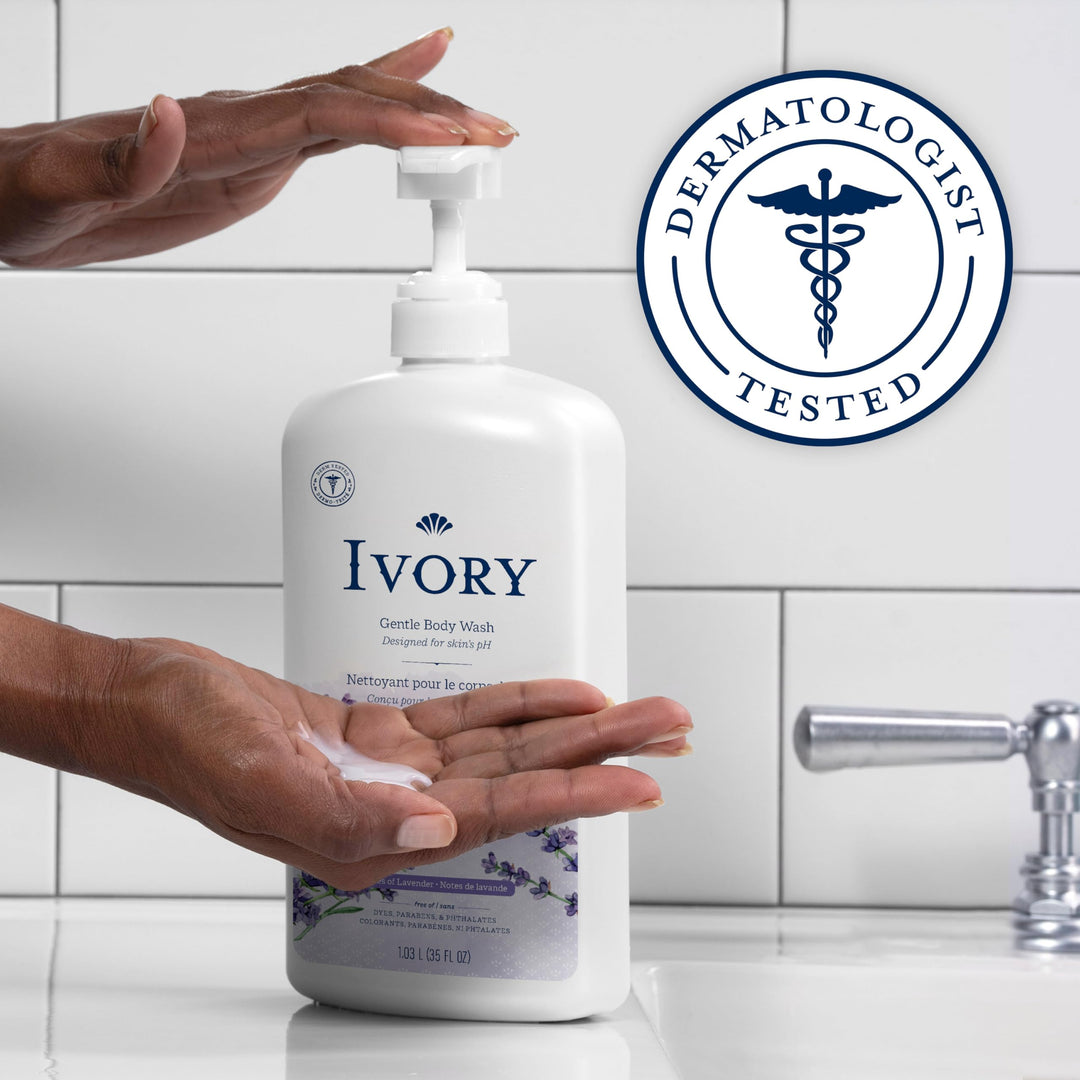 Ivory Gentle Body Wash, Designed for the Whole Family, Free of Dyes Heavy Perfumes Parabens Phthalates & Silicones, Lavender Scent, 35 oz
