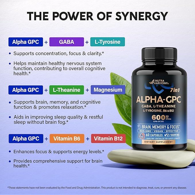 Alpha GPC Supplement with L-Theanine | L-tyrosine | Vitamin B6 & B12 - Alpha GPC 600 mg for Focus, Memory & Energy - Bioactive Choline for Brain & Cognition - for Men & Women - Made in USA - 60 Caps